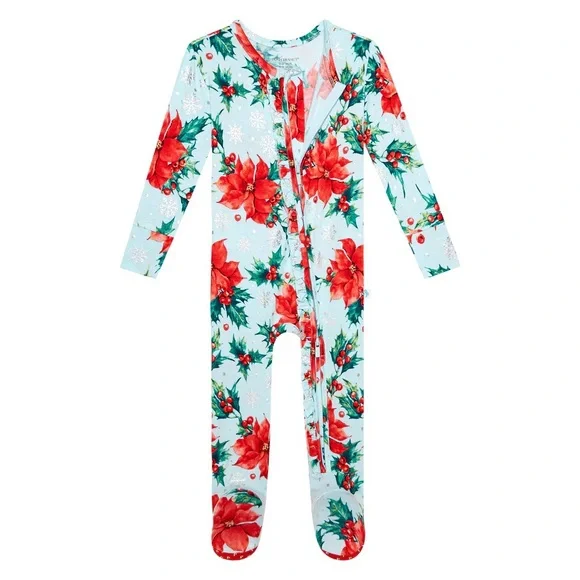 NWT Posh Peanut Winter Lily Ruffled Footie 0-3M Poinsettias - Picture 2 of 9